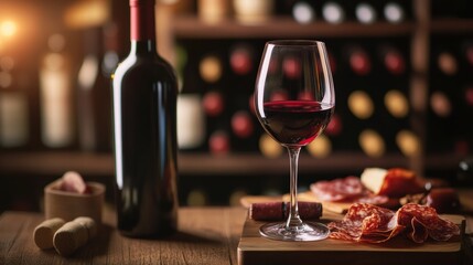 Poster - Elegant wine cellar showcasing vintage bottles with a tasting table featuring red wine and a charcuterie board. Generative AI