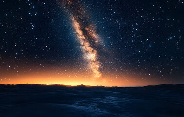 Wall Mural - stunning view of the milky way galaxy over a barren desert landscape at night, with thousands of bri