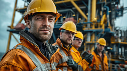 Aufkleber - A team of several male oil rig workers standing on an offshore drilling platform. They are wearing professional protective work uniforms, including hard hats, background industrial drilling equipment.