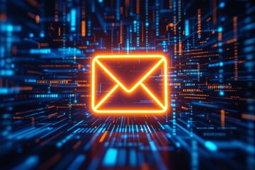 Neon envelope icon glowing in orange surrounded by binary data streams in futuristic digital style on abstract background. Concept of communication. Ai generative