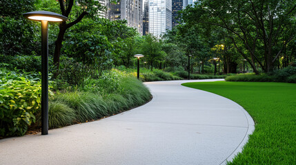 Wall Mural - serene city park pathway lined with modern lamps and lush greenery