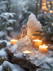 Aufkleber - Beautiful alter with crystals, candles, plants, surrounded in snowy forest.