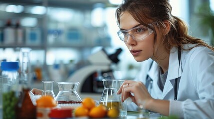 Poster - A laboratory technician analyzing food samples on a lab bench, with scientific instruments and beakers in the background.