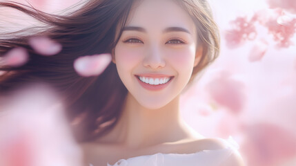 Aufkleber - 美肌の若くて可愛いアジア人女性のポートレート。ピンク色の綺麗な花に囲まれたビューティーショット。	