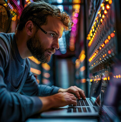 Poster - Telecommunications engineer sitting in front of an edge switch router with a laptop.