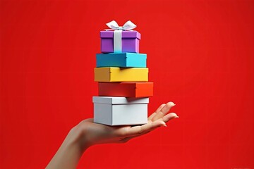 Stack of colorful gift boxes on a hand against vibrant red background - perfect for celebrations and holidays