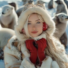 Wall Mural - Beautiful blonde full-length girl among penguins and polar bears, blonde dressed in fluffy earmuffs, red mittens, and fur coat.