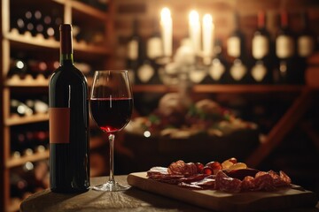 Poster - Elegant wine cellar with vintage bottles and a tasting table featuring red wine and charcuterie board. Generative AI
