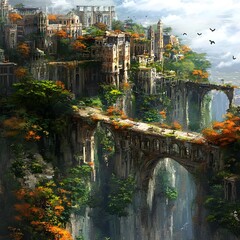 Wall Mural - A fantastical cityscape with ancient architecture and vibrant foliage on a cliffside.