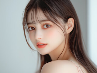 Aufkleber - 美肌の若くて可愛いアジア人女性モデルの美容ポートレート。流行りのメイクをした若者向けの写真。