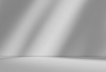 Empty gray room studio with shadow overlay effect. Cosmetic fashion beauty showroom. Minimal mock up interior retro vintage. Sunlight shining through window. 