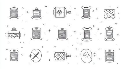 Wall Mural - Minimalist thread spool icons, clean line art style, monochromatic design, geometric shapes, repeating patterns, white background, professional vector illustration, graphic design elements, simple