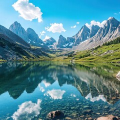 Canvas Print - Serene mountain lake reflecting majestic peaks under a bright sky.