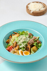 Wall Mural - Minimalist Roast Beef, Baked Potato, and Mushroom Salad with Elegant Composition