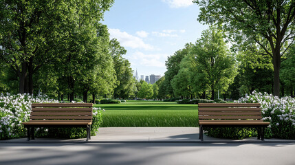 Wall Mural - serene city park in spring with benches, lush greenery, and flowers