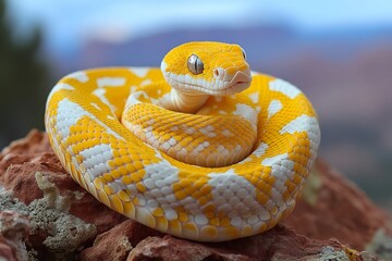 Wall Mural - Yellow and white python resting on a rock