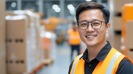 Wall Mural - A smiling warehouse worker in a safety vest stands in a storage facility surrounded by boxes, emphasizing teamwork and productivity.