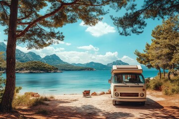 Wall Mural - Camper van parked on a secluded beach enjoying breathtaking turquoise sea views