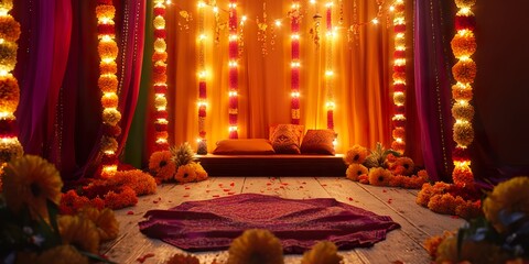 Vibrant Lohri Festive Decorations: Flowers, Lights, and Fabrics in a Punjabi Home