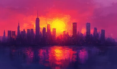 Wall Mural - City skyline sunset, vibrant colors, water reflection.