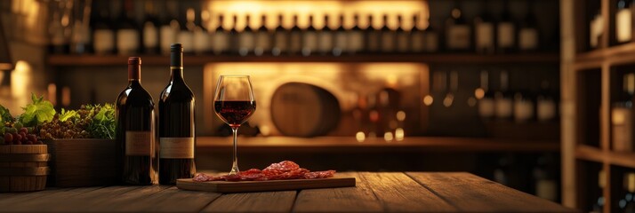 Poster - Elegant wine cellar showcasing vintage bottles and a tasting table with red wine and charcuterie. Generative AI