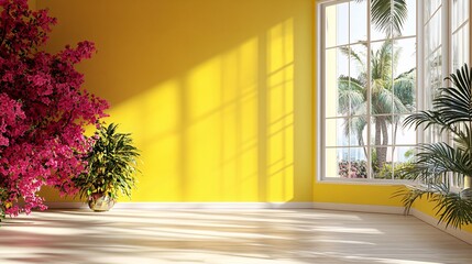 Wall Mural - Bright interior with yellow walls and tropical plants in a sunlit room