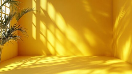 Wall Mural - Bright yellow interior with natural light casting shadows and plant accents