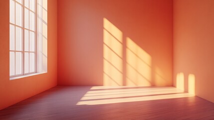 Wall Mural - Bright orange room with sunlight casting shadows on wooden floor in the afternoon