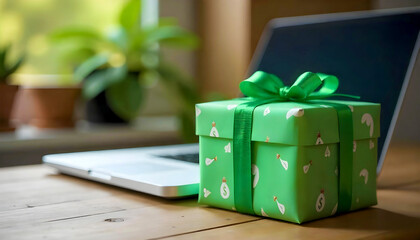 Gifts wrapped neatly near a laptop, representing the busiest day for online shopping, Green Monday.