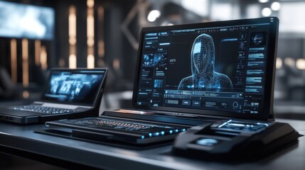 Futuristic workspace with holographic interface on desktop computer and laptop.