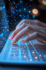 Poster - Futuristic Typing Fingers on Sleek White Keyboard with Digital Holograms