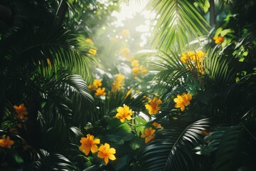 Wall Mural - Vibrant meadow filled with wildflowers under gentle sunlight in a serene forest setting