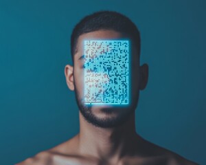 Fototapete - Futuristic Digital Identity Man with Glowing QR Code Mask in Cyberpunk Style