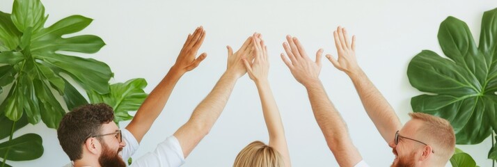 Poster - Diverse Professionals Celebrating Team Success in Bright Modern Office with Natural Elements