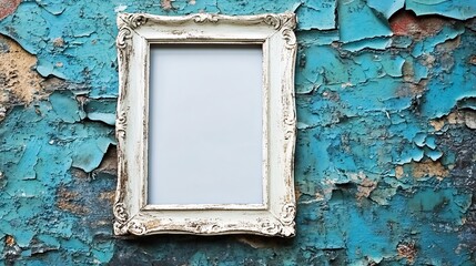 Wall Mural - Decorative frame on a weathered turquoise wall in urban setting