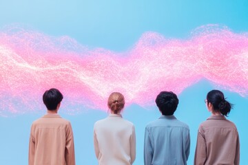 Poster - Silhouetted Korean Students Observing a Holographic Quantum Network Display in Pastel Light
