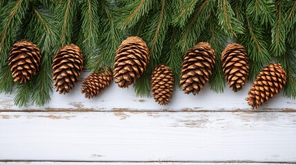 Wall Mural - Pine cones and evergreen branches create a natural decor on weathered wooden surface