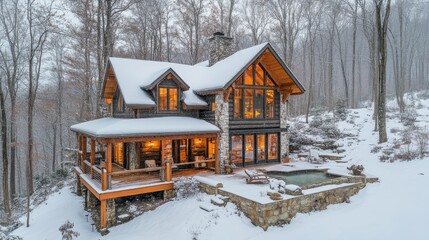 Wall Mural - Cozy log cabin covered in snow surrounded by trees during winter evening