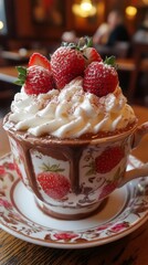 Sticker - Delicious hot chocolate topped with whipped cream and fresh strawberries in a decorative cup