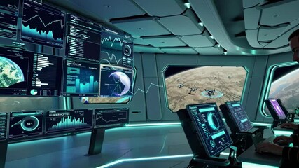 Fototapete - Exploration of futuristic command center with advanced technology and stunning views of Earth’s surface