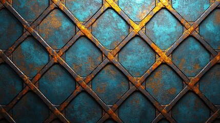 Wall Mural - Rustic blue and orange lattice pattern with textured surface detail