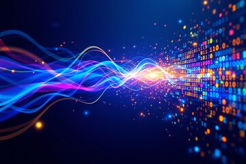 Vibrant digital streams of light flowing into binary code.