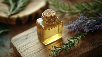 Canvas Print - Warm amber bottle of essential oil on wooden stump with green herb nearby in cozy rustic setting