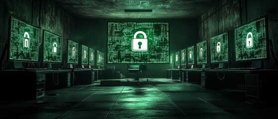 Leinwandbilder - Dark Room Cybersecurity Glowing Monitors with Encrypted Data and Digital Locks