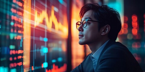 Aufkleber - Korean Man Analyzing Holographic Data Displays in Softly Lit Room