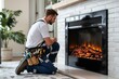 © Pixels Hunter - Technician examining electric fireplace in a modern living room.