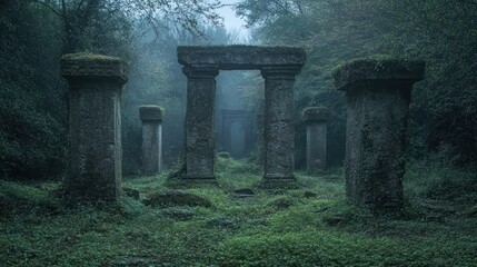 Wall Mural - Ancient stone pillars and archway in a misty forest.