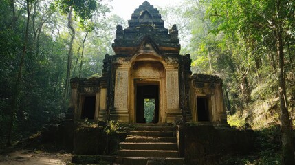 Wall Mural - Ancient stone temple nestled within lush, green forest.