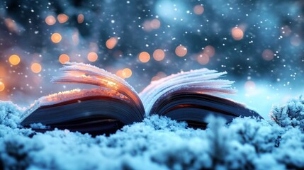 Aufkleber - Cozy Winter Reading Open Book in Snow with Gentle Bokeh and Light Flares