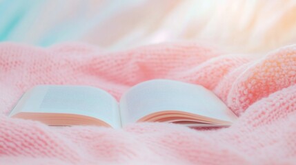 Aufkleber - Cozy Winter Reading Open Book on Soft Pink Blanket with Dreamy Pastel Light